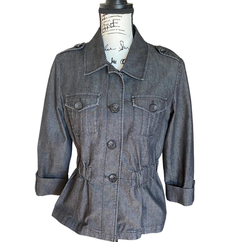 Women’s Larry Levine Size Medium Jacket Denim Cropped 3/4 Sleeves Blazer